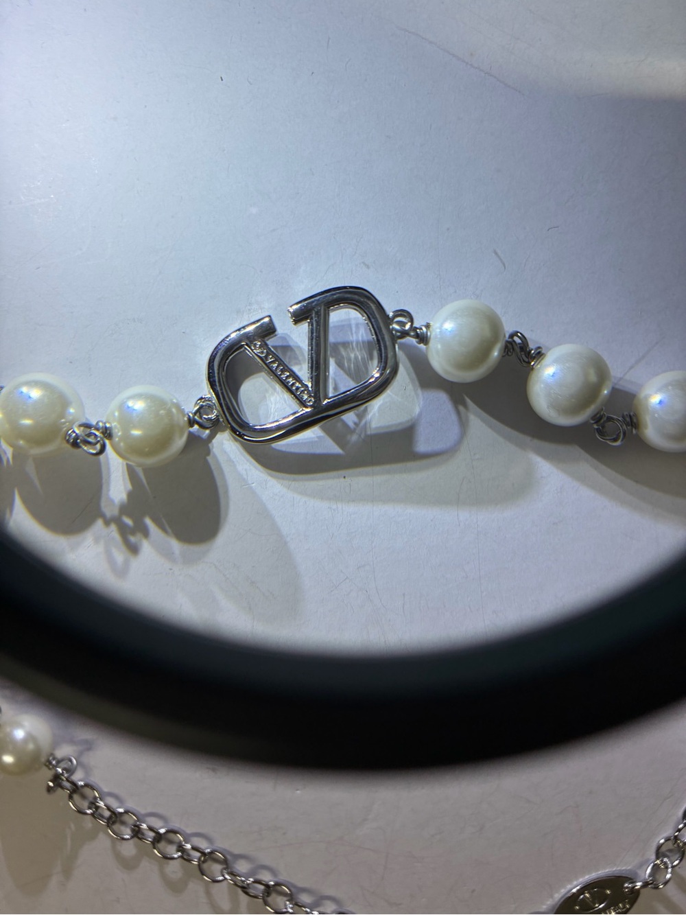 Silver and White Pearl Valentino V-Emblem Necklace - Picture 5 of 11